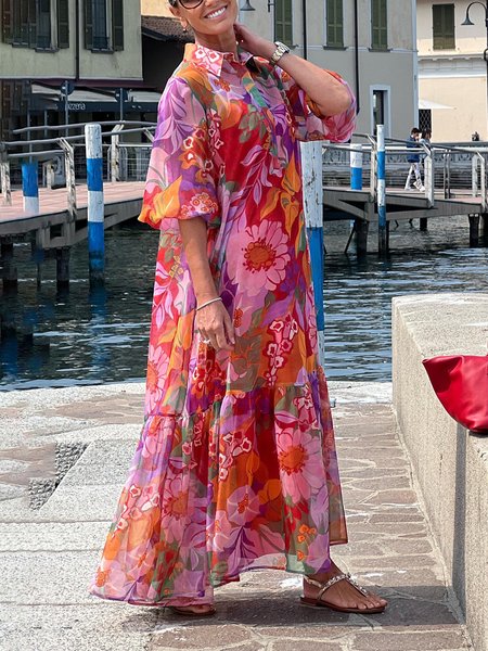 

Vacation Floral Loose Dress With Inside, Flower, Maxi Dresses