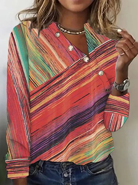 

Striped Loose Asymmetrical Collar Casual T-Shirt, Red, T-Shirts