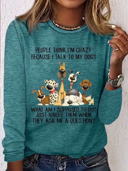 

Women's Funny Dog Lover Crew Neck Casual Shirt, Green, Long sleeves