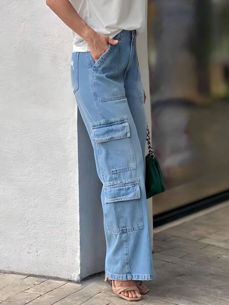 

Casual Plain Pockets Denim Jeans, Blue, Jeans