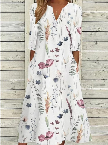 

V Neck Casual Dress With No Belt, White, Dresses