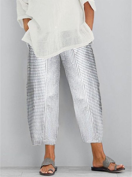 

Plus Size Striped Loose Polyester Cotton Casual Pants, White, Pants