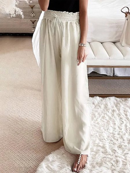 

Elastic Band Casual Loose Plain Pants, White, Pants