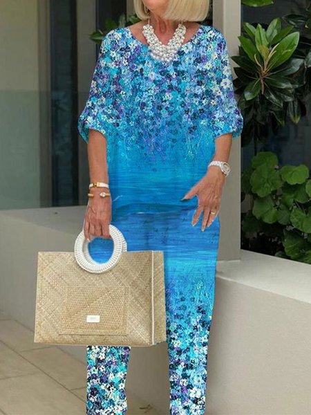 

Casual Floral Crew Neck Two-Piece Set, Blue, Suit Set