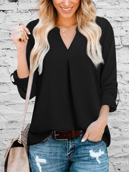 

Woman Loose V-neck Fashion Urban Plain Shirt, Black, Shirts & Blouses