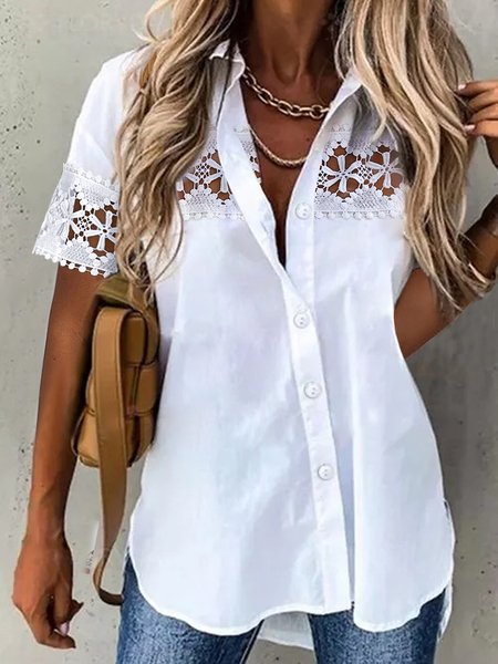 

Plain Lace Loose Casual Blouse, White, Shirts & Blouses