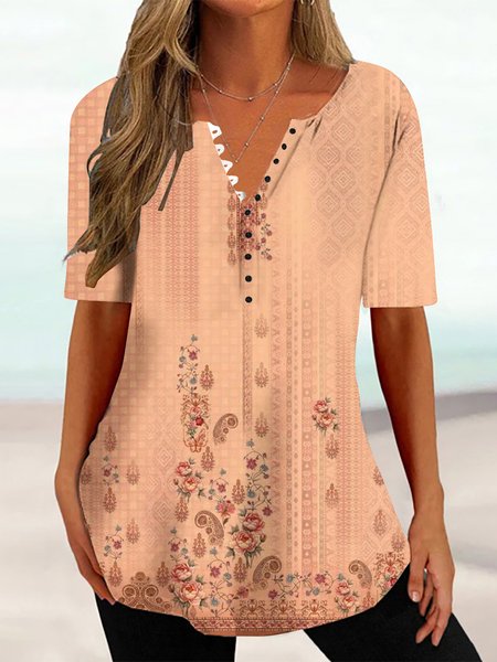 

Casual Floral Regular Fit V Neck T-Shirt, Orange, T-Shirts