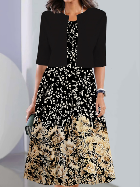 

Loose Crew Neck Casual Floral Two-Piece Set, Black, Suit Set