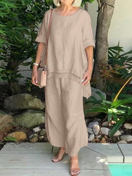 

Regular Sleeve Crew Neck Casual Loose Buckle Two-Piece Set, Apricot, Suit Set
