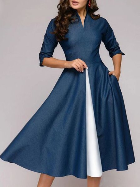 

Elegant Color Block Faux Denim Dress, Blue, Midi Dresses