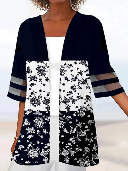 

Wrap Floral Loose Casual Kimono, Black-white, Cardigans