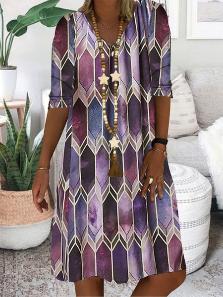 

Regular Fit Casual Geometric V Neck Midi Dress, Purple, Dresses