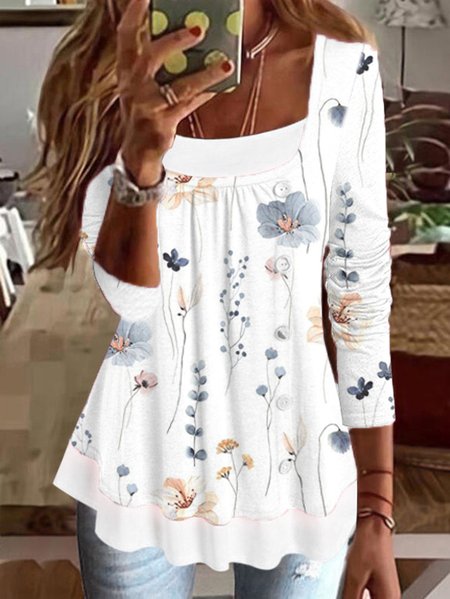

Casual Floral Crew Neck Loose Shirt, White, Shirts & Blouses