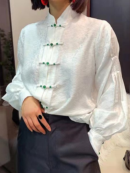 

Long sleeve Stand Collar Elegant Blouse, White, Blouses and Shirts