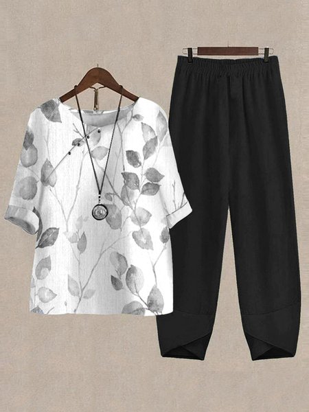 Floral Loose Casual Two-Piece Set, Black-white, Sets