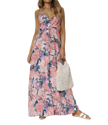 

Loose Floral Vacation V Neck Dress, Pink, Maxi