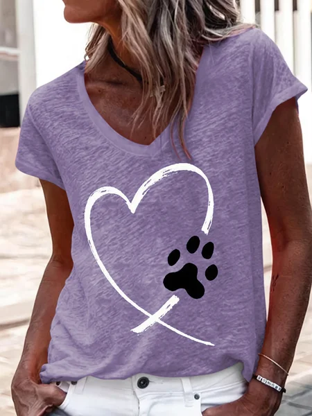 

Women's Heart Dog Paw Print Casual V Neck T-Shirt, Purple, T-shirts