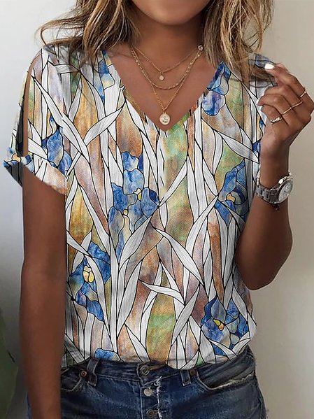 

Floral Casual Loose Knitted V Neck Shirt, Blue, Shirts & Blouses