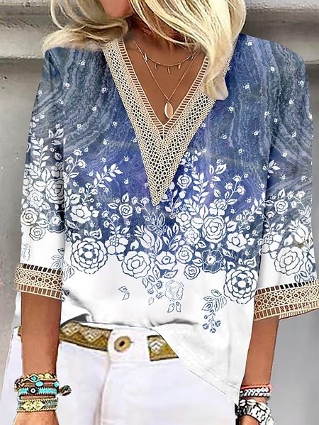 

V Neck Casual Gradient Pattern Loose Shirt, Blue, Shirts & Blouses