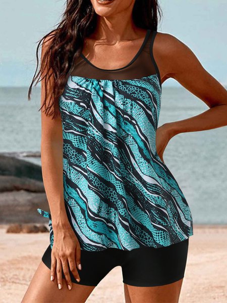 

Vacation Striped Printing Scoop Neck Tankini, Blue, swimwear>>Tankinis