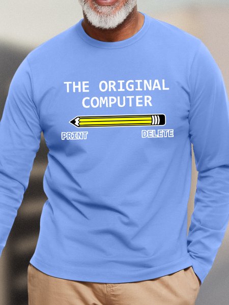

Men's Funny The Original Computer Print Delete Graphic Printing Loose Casual Text Letters Top, Light blue, Long Sleeves