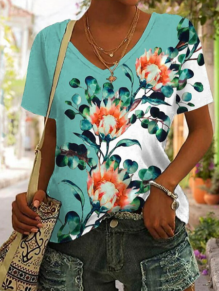 

Floral V Neck Loose Casual T-Shirt, Green, T-Shirts
