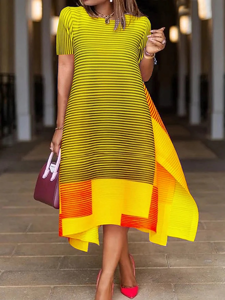 

Lightweight Plus Size Crew Neck Geometric Elegant Dress, Yellow, Plus Dresses
