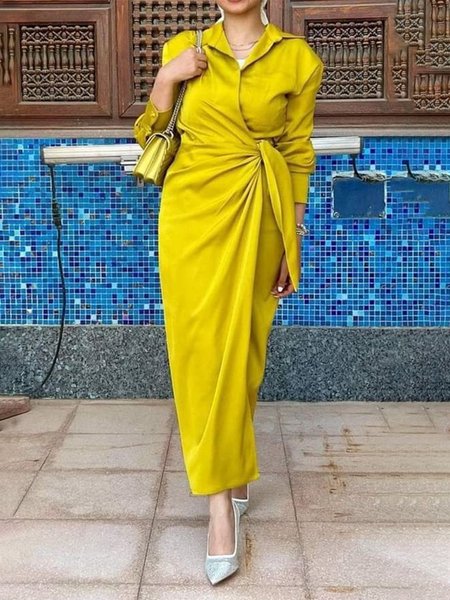 

Regular Fit Elegant Shirt Collar Dress, Yellow, Maxi Dresses
