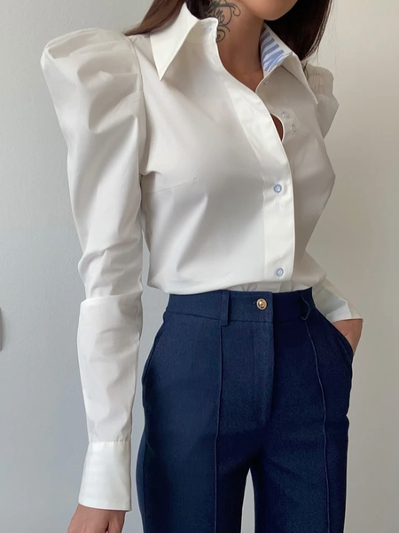 Lightweight Urban Regular Fit Shirt Collar Long sleeve Blouse, Off white, Blouses and Shirts
