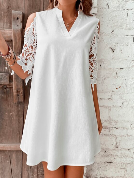 

Elegant V Neck Linen Guipure Lace Insert Cold Shoulder Dress, White, Dresses
