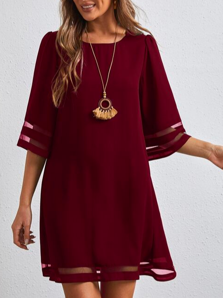 

Loose Elegant Crew Neck Mesh Insert Dress, Red, Dresses
