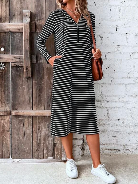 

Cotton Casual Striped Print Half Zip Drawstring Hooded Dress, Black-white, Dresses