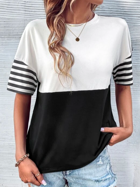 

Casual Color Block Loose Crew Neck Striped Print Two Tone T-Shirt, Black, T-Shirts