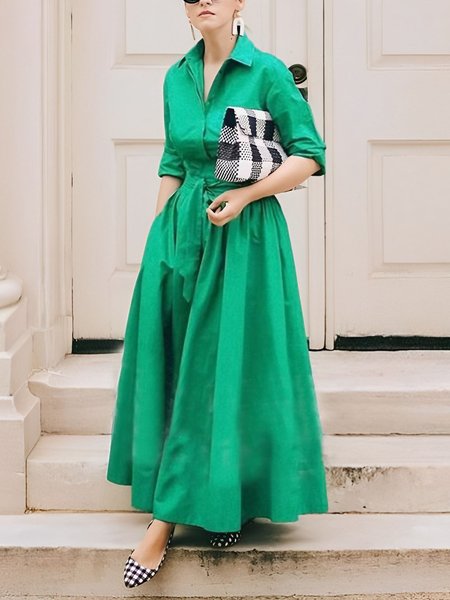 

Urban Plain Regular Fit Dress With Belt, Green, Maxi Dresses