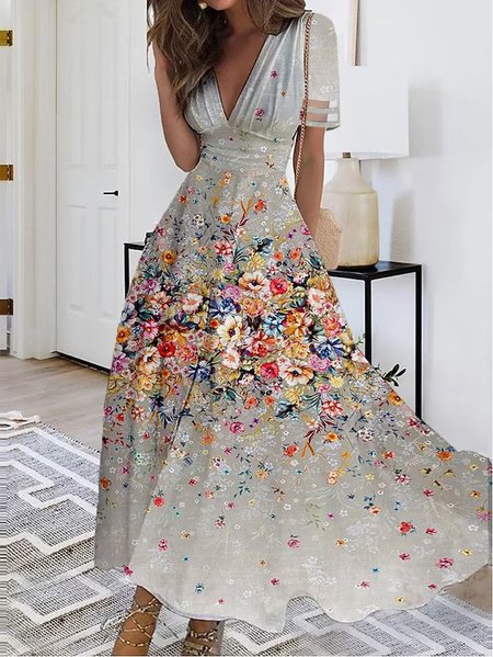 

Loose Floral Casual V Neck Dress, Gray, Dresses