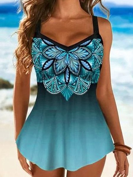 

Vacation Abstract Printing V Neck Swim Dress, Lake blue, swimwear>>Tankinis