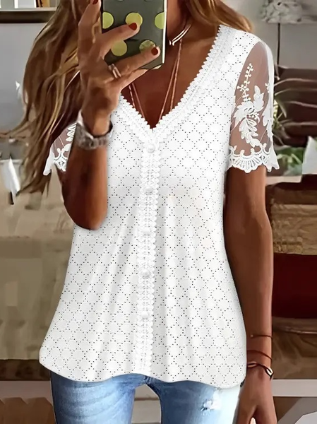 

V Neck Casual Regular Fit Plain Shirt, White, Shirts & Blouses