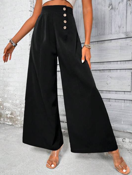 

Buttoned Elegant Plain Loose High Waist Button Front Wide Leg Pants, Black, Pants