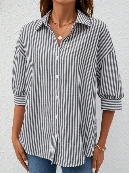 Shirt Collar Cotton Casual Striped Print Drop Shoulder Shirt, Black-white, Shirts & Blouses