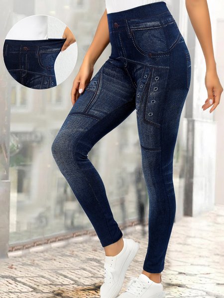 

Tight Casual Color Block Navy High Waisted Elastic Waist Leggings, Blue, Leggings