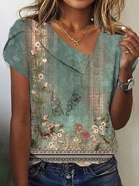 

Asymmetrical Loose Casual Ethnic T-Shirt, Green, T-Shirts