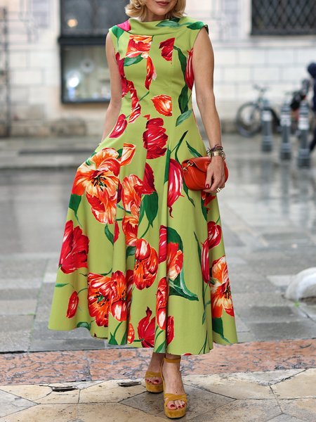 

Regular Fit Elegant Stand Collar Floral Dress, Green, Midi Dresses