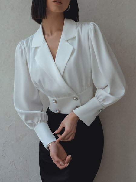 

Plain Regular Fit Lapel Collar Elegant Blouse, White, Blouses and Shirts