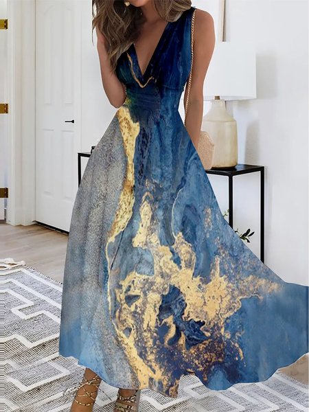 

V Neck Ombre Loose Elegant Dress, Blue, Dresses
