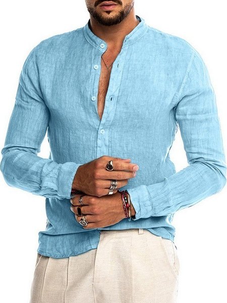 

Casual Regular Fit Regular Sleeve Plain Shirt Collar Shirt, Light blue, Shirts ＆ Blouse