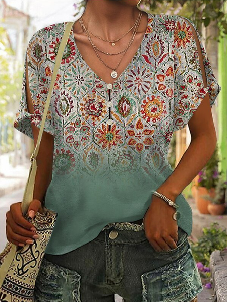 

V Neck Casual Ethnic Loose T-Shirt, Green, T-Shirts