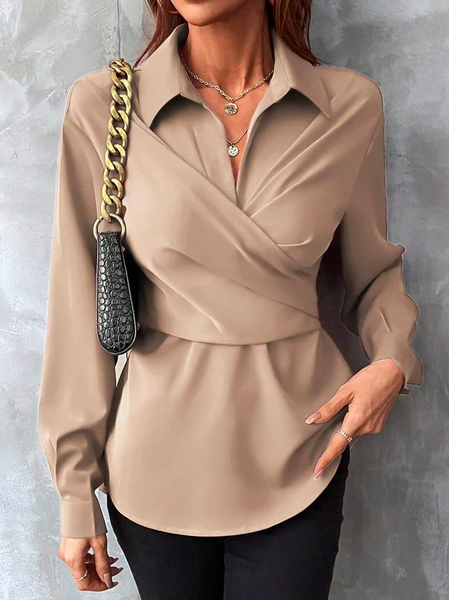 

Casual Shirt Collar Plain Loose Solid Wrap Cross Tie Back Blouse, Apricot, Shirts & Blouses