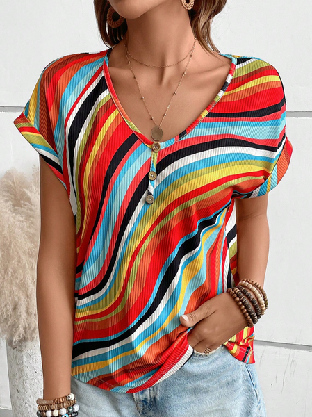 

Psychedelic Art Casual V Neck T-Shirt, Red, T-Shirts
