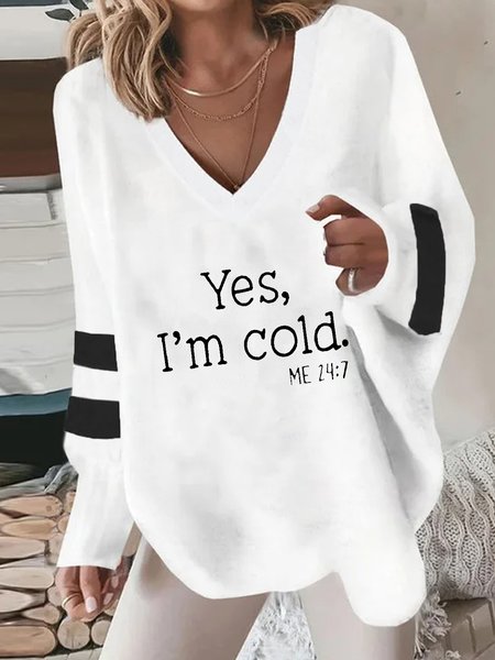 

V Neck Casual Sentence Loose Sweatshirt, White, Hoodies & Sweatshirts