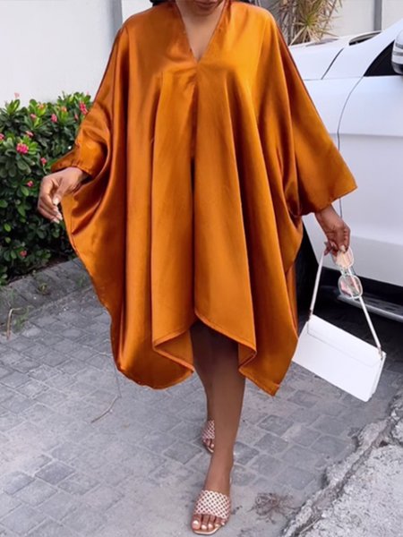 

Plain Elegant Loose V Neck Dress, Orange, Midi Dresses